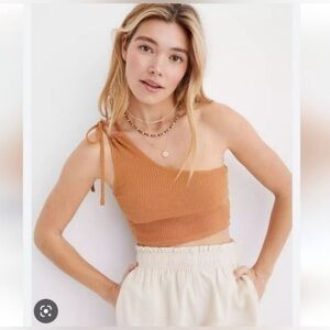 Aerie Camel Ribbed One Shoulder Tie Crop Top Tank Women's Size XXL